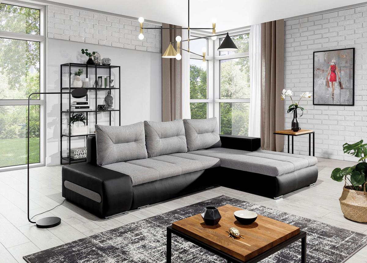 Ecksofa Ottavio Schwarz/Hellgrau S: 275x180 cm - Chromfarben/Hellgrau, Design, Textil (275/180cm) - MID.YOU