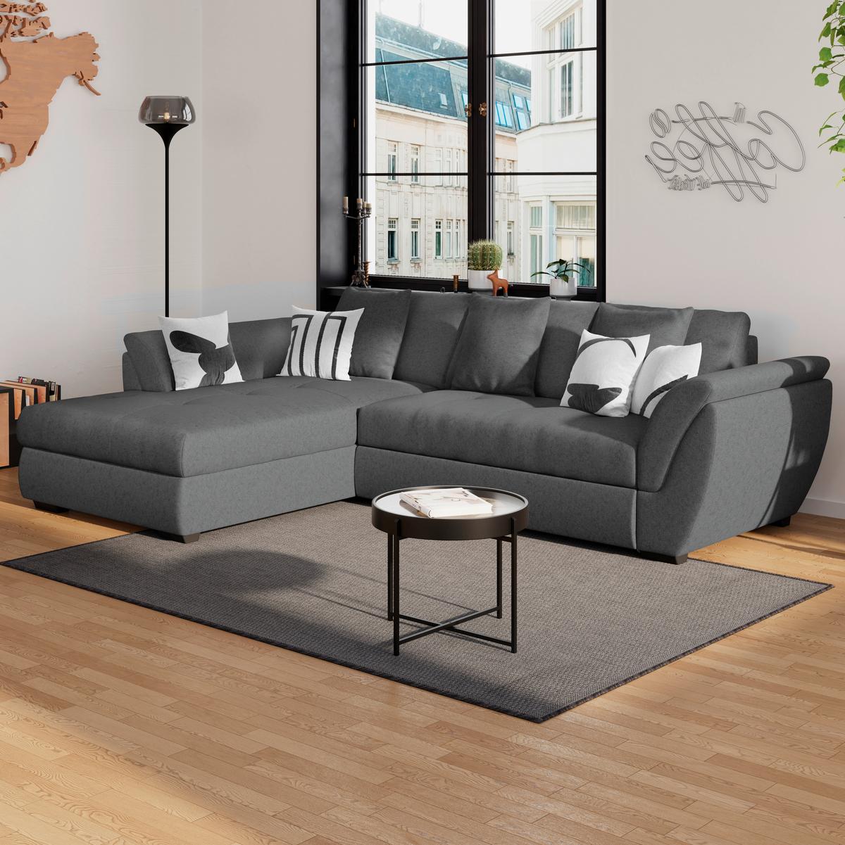 Ecksofa mit Schlaffunktion + Bettkasten Berisso Webstoff - Anthrazit/Schwarz, Design, Textil (187/278cm) - Ondega