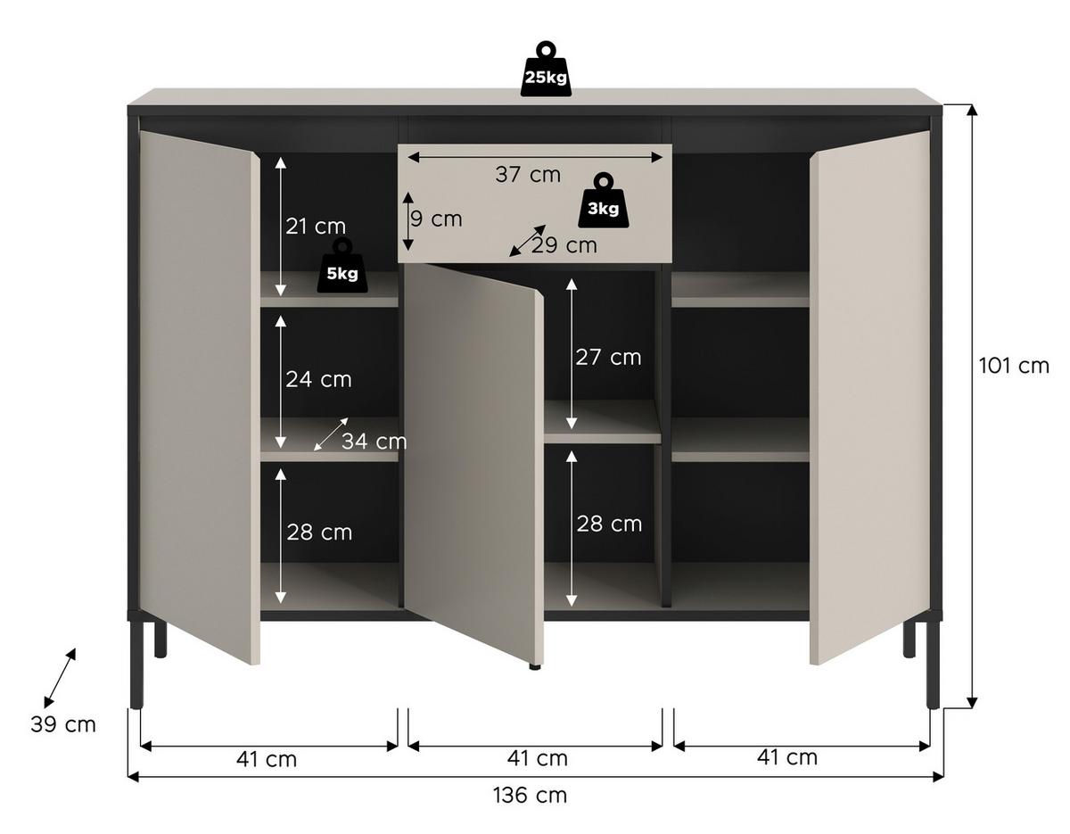 Kommode Tron Kaschmir B: 136 Cm - Kaschmir/Schwarz, Design, Holzwerkstoff (136/101/38cm) - Livetastic
