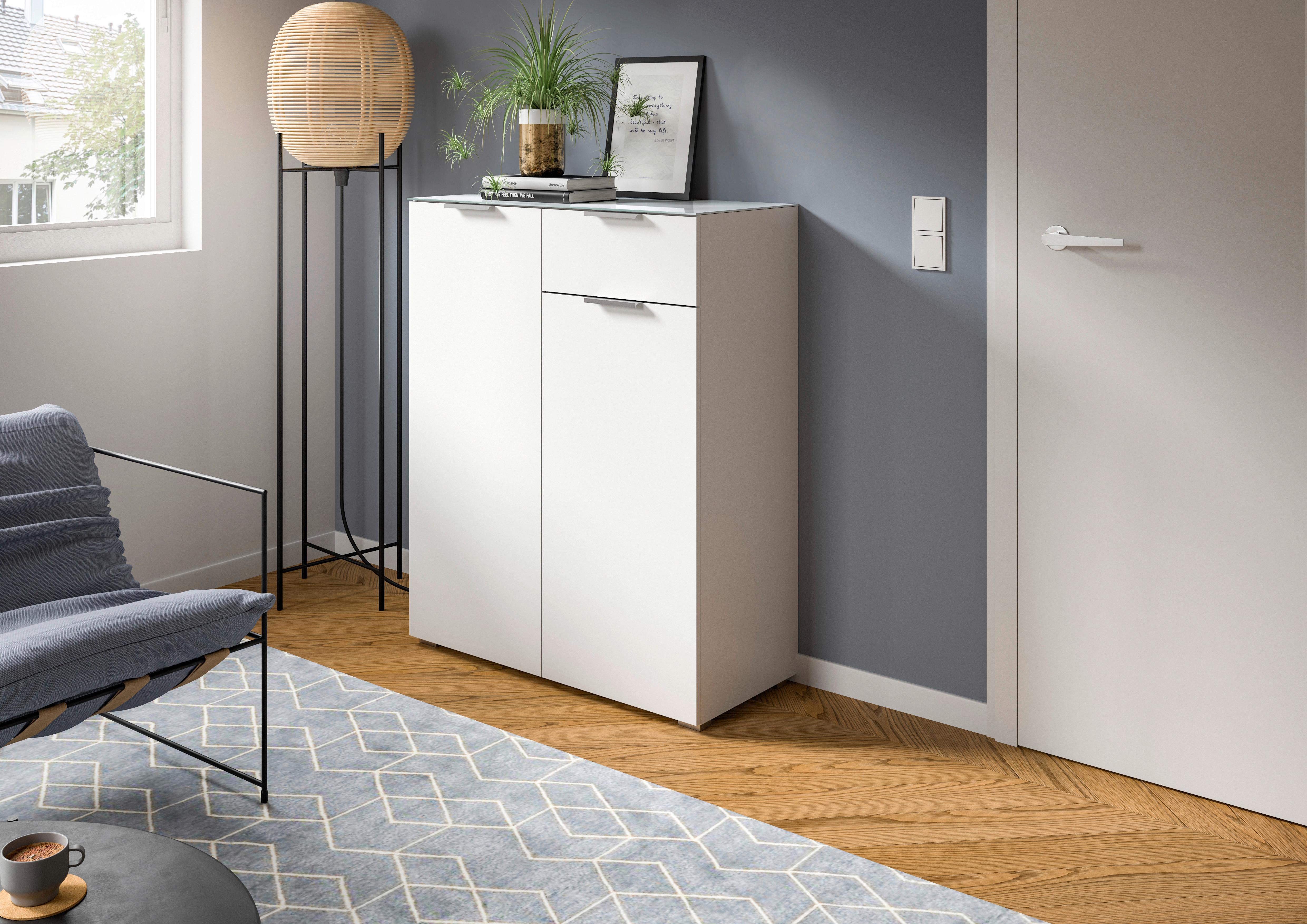 Kommode Ray Weiß B: 90 cm - Silberfarben/Weiß, Design, Glas/Holzwerkstoff (90/112/40cm) - Livetastic