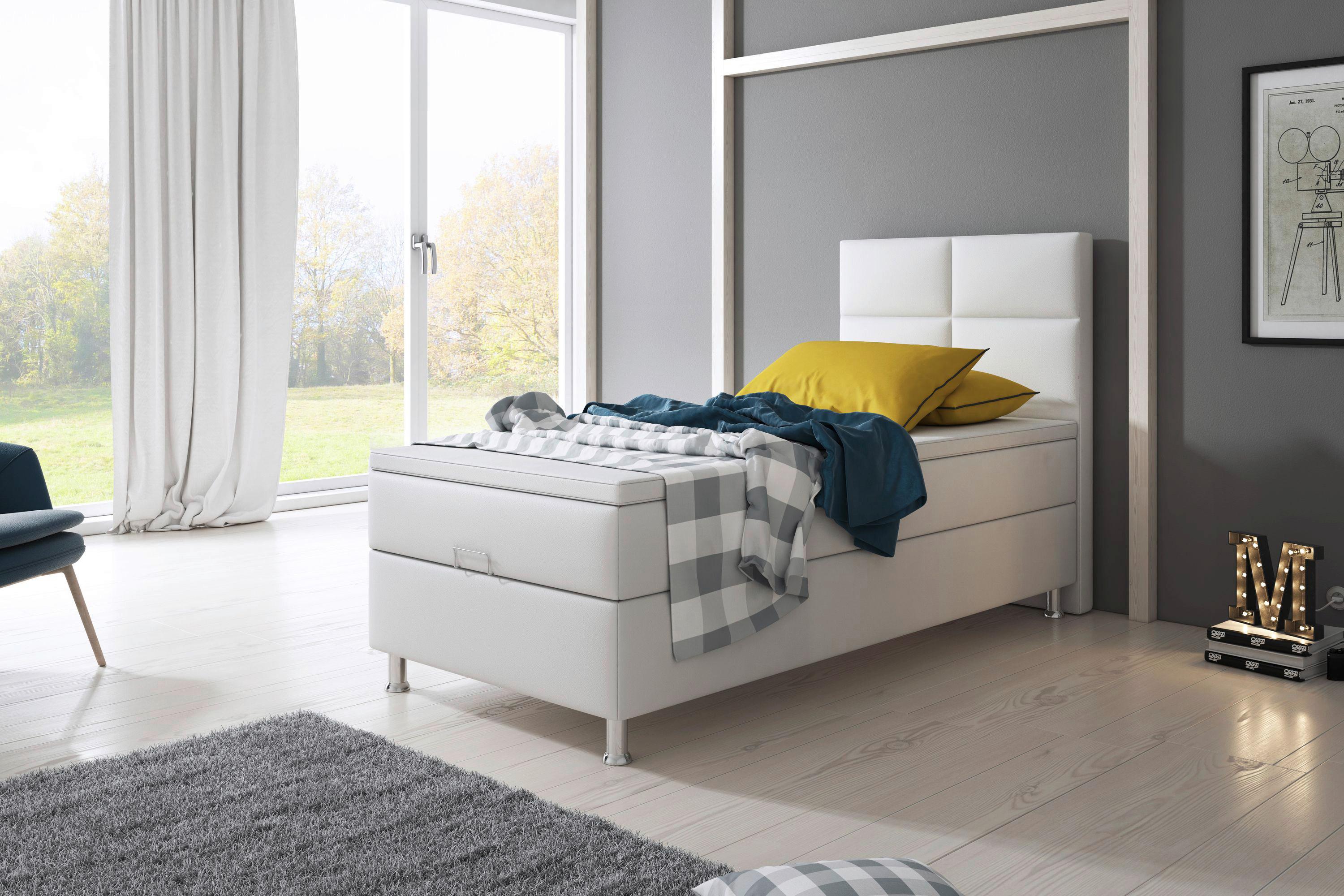 Boxspringbett mit Topper 90x200 cm Miami-Bk - Silberfarben/Weiß, KONVENTIONELL, Leder/Textil (90/115/210cm) - MID.YOU