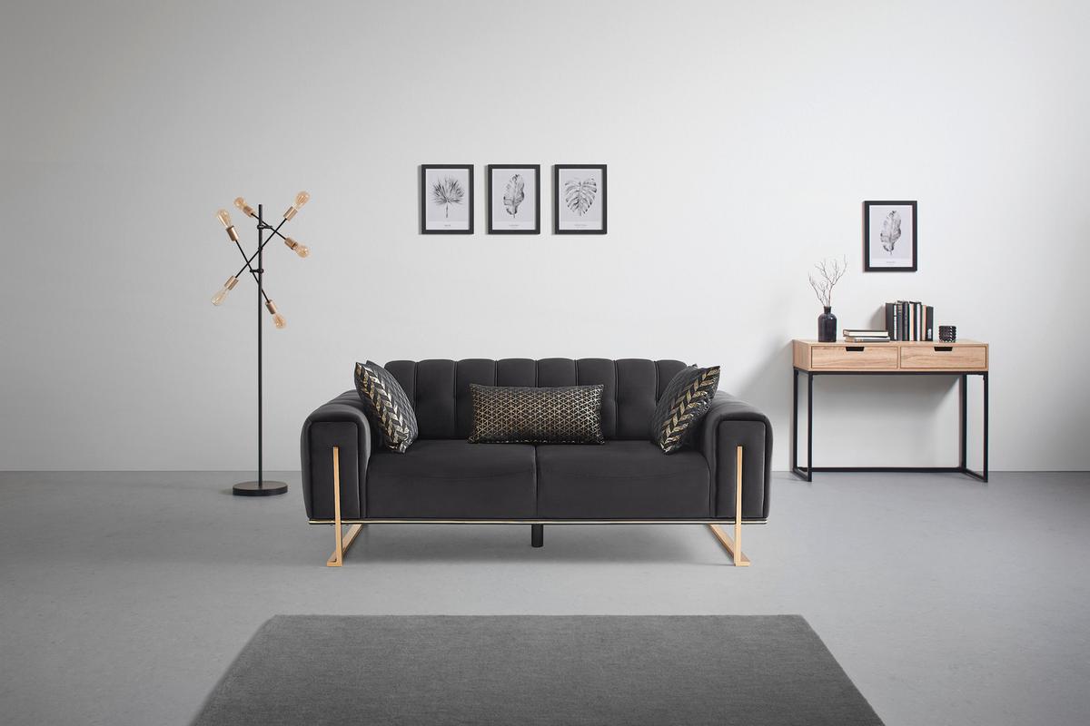 Dvojmiestna pohovka AILE, čierny zamat, s vankúšmi - čierna/zlatá, Lifestyle, textil (190/80/90cm) - Mömax