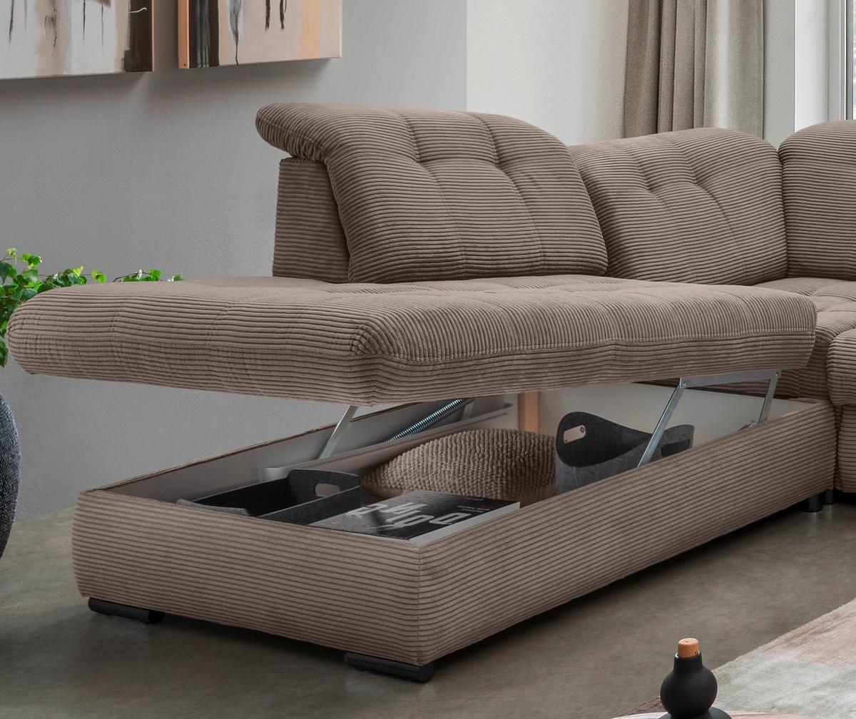 Wohnlandschaft Mit Bettkasten Rigatti Graubraun B: 387 Cm - Graubraun/Schwarz, MODERN, Textil (252/387/184cm) - Livetastic