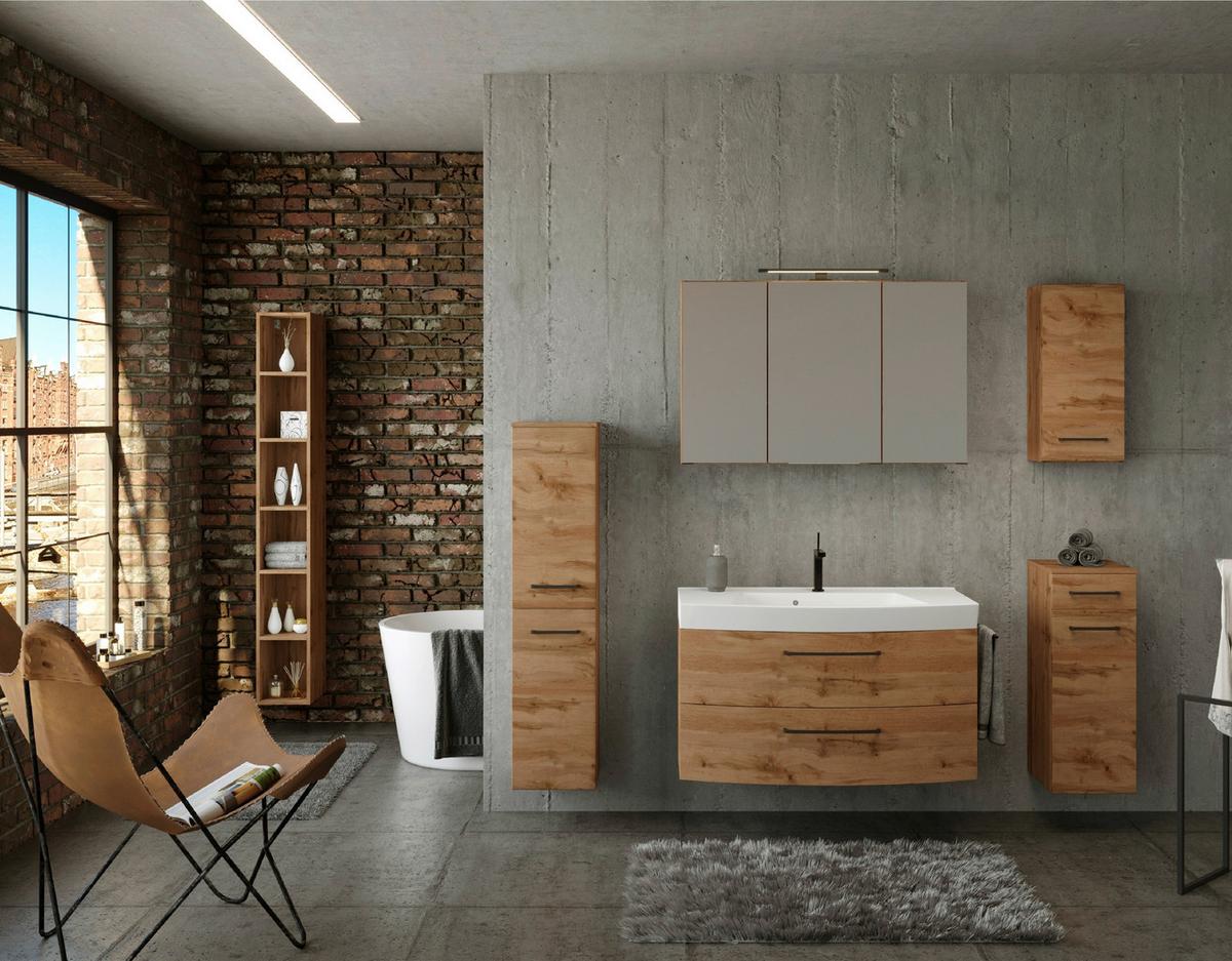 Waschbecken mit Unterschrank Manchester B:100cm Eiche Dekor - Eichefarben/Weiß, MODERN, Keramik/Holzwerkstoff (100cm) - Held