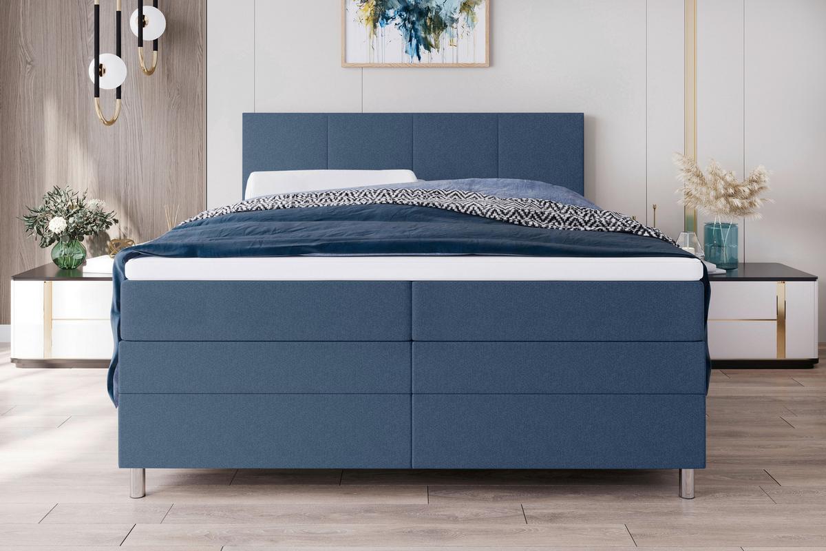Boxspringbett mit Topper und Bettkasten 160x200 cm Messina - Chromfarben/Blau, KONVENTIONELL, Textil (160/200cm)