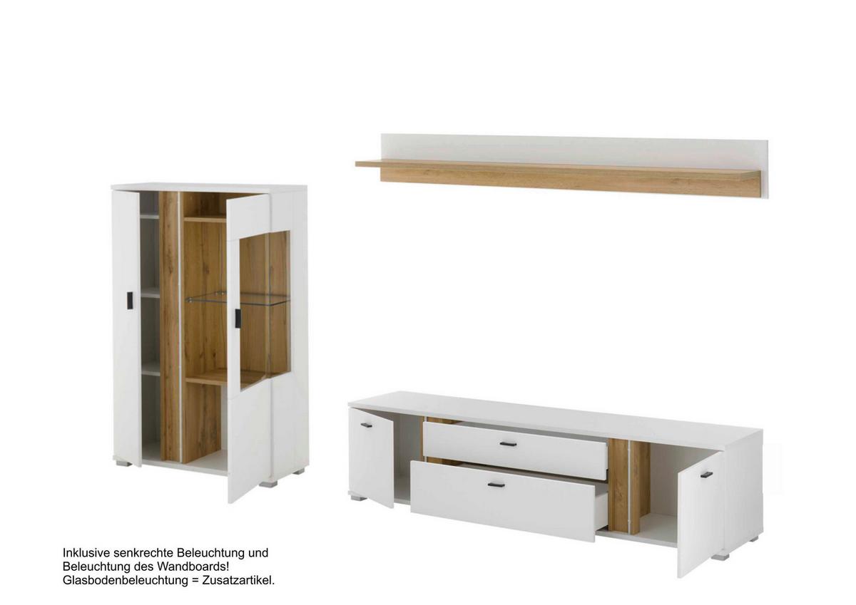Wohnwand Long Island Weiß/Eiche Wotan B: 290cm - Eiche Wotan/Weiß, Design, Glas/Holzwerkstoff (290/170/42cm) - MID.YOU