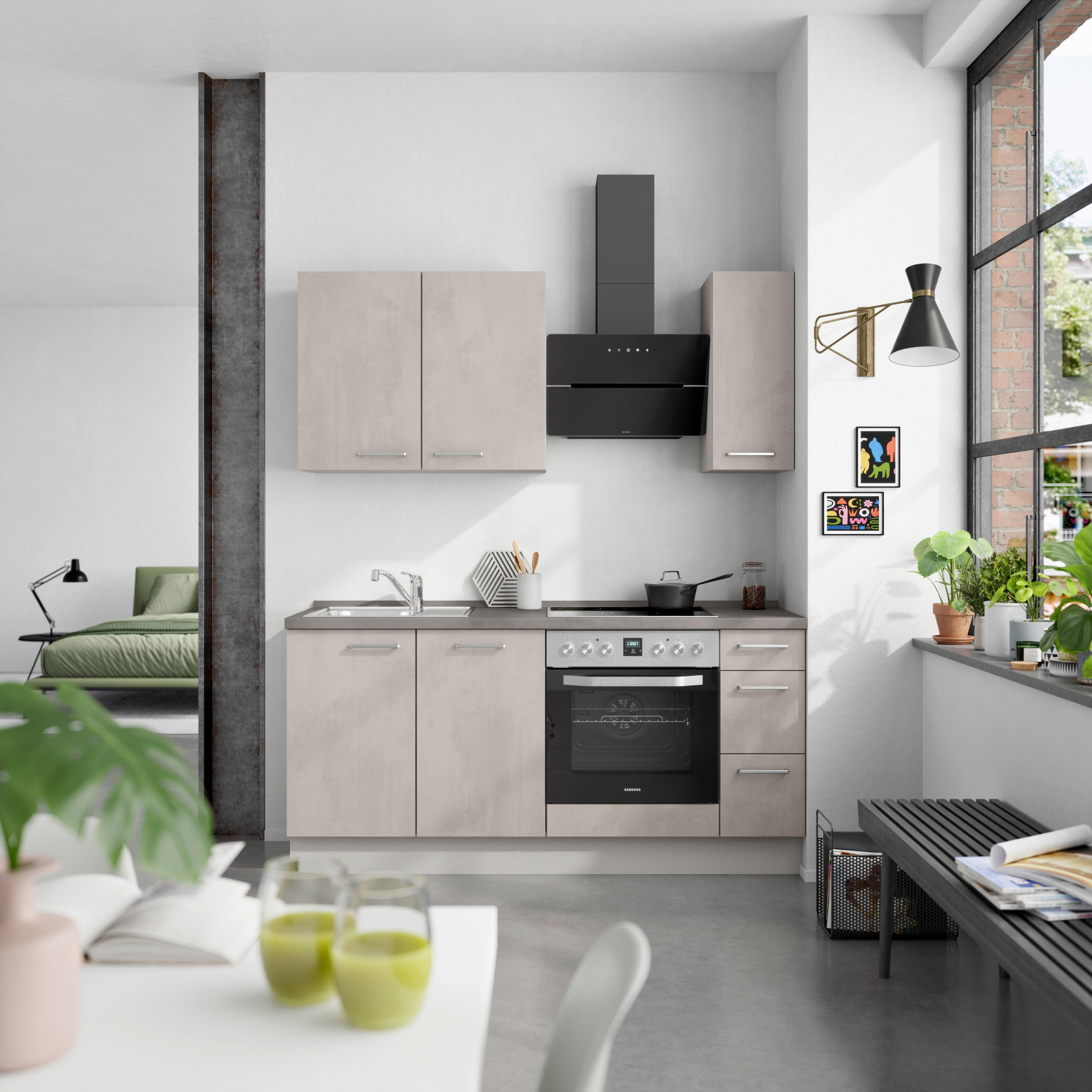 Kuchyňská linka 180 cm, šedý betón/ kamenná šedá - šedá/světle šedá, Moderní, kov/kompozitní dřevo (180cm) - Nobilia