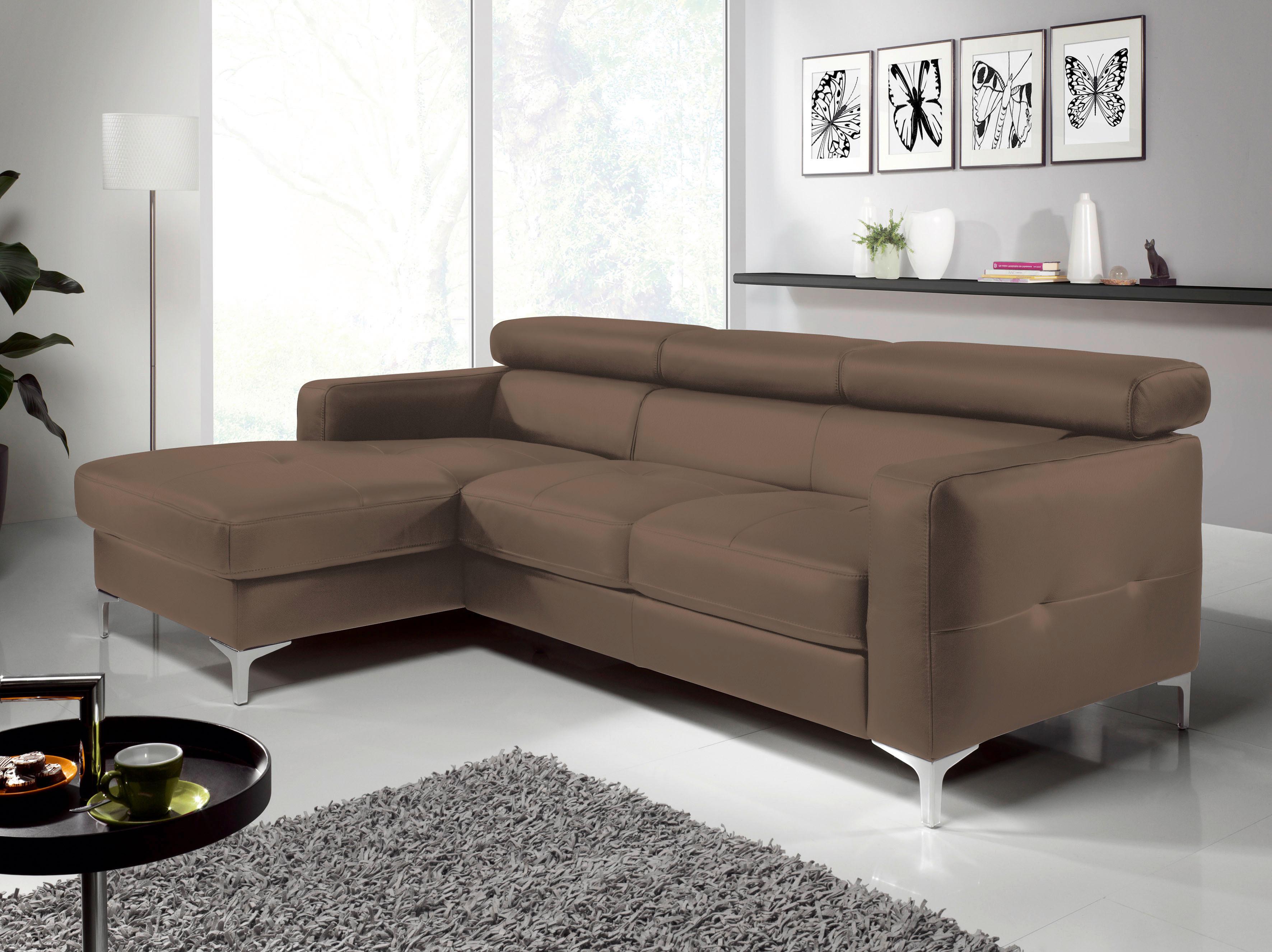 Ecksofa Sammy Braun Leder - Chromfarben/Graubraun, Design, Leder (169/226cm) - Livetastic
