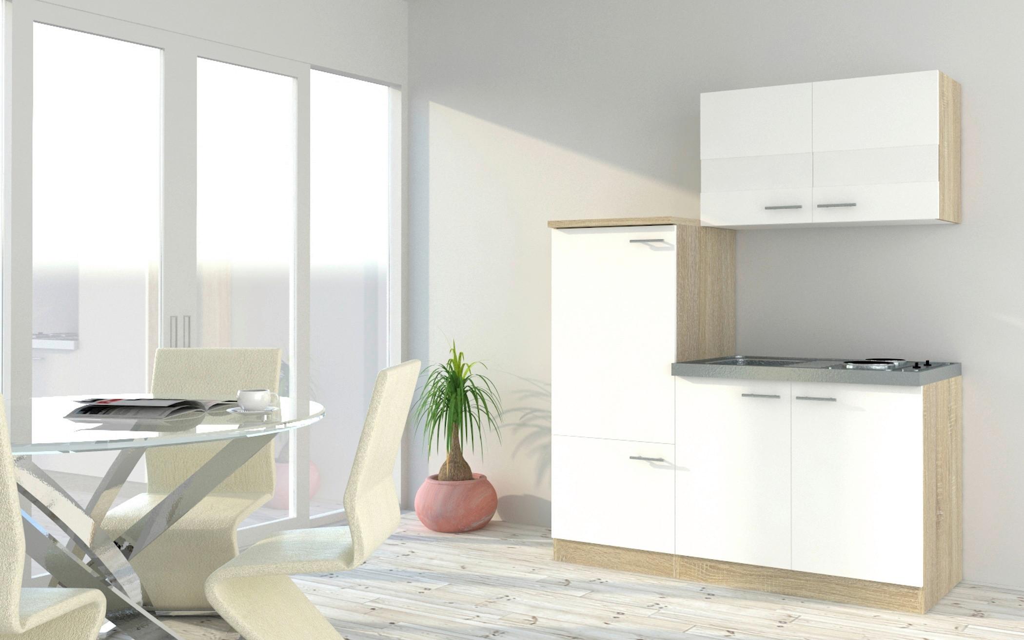 Miniküche m. Kühlschrank + Kochfeld 160 cm Weiß/Eiche - Edelstahlfarben/Eichefarben, Basics, Holzwerkstoff/Metall (160cm) - Respekta
