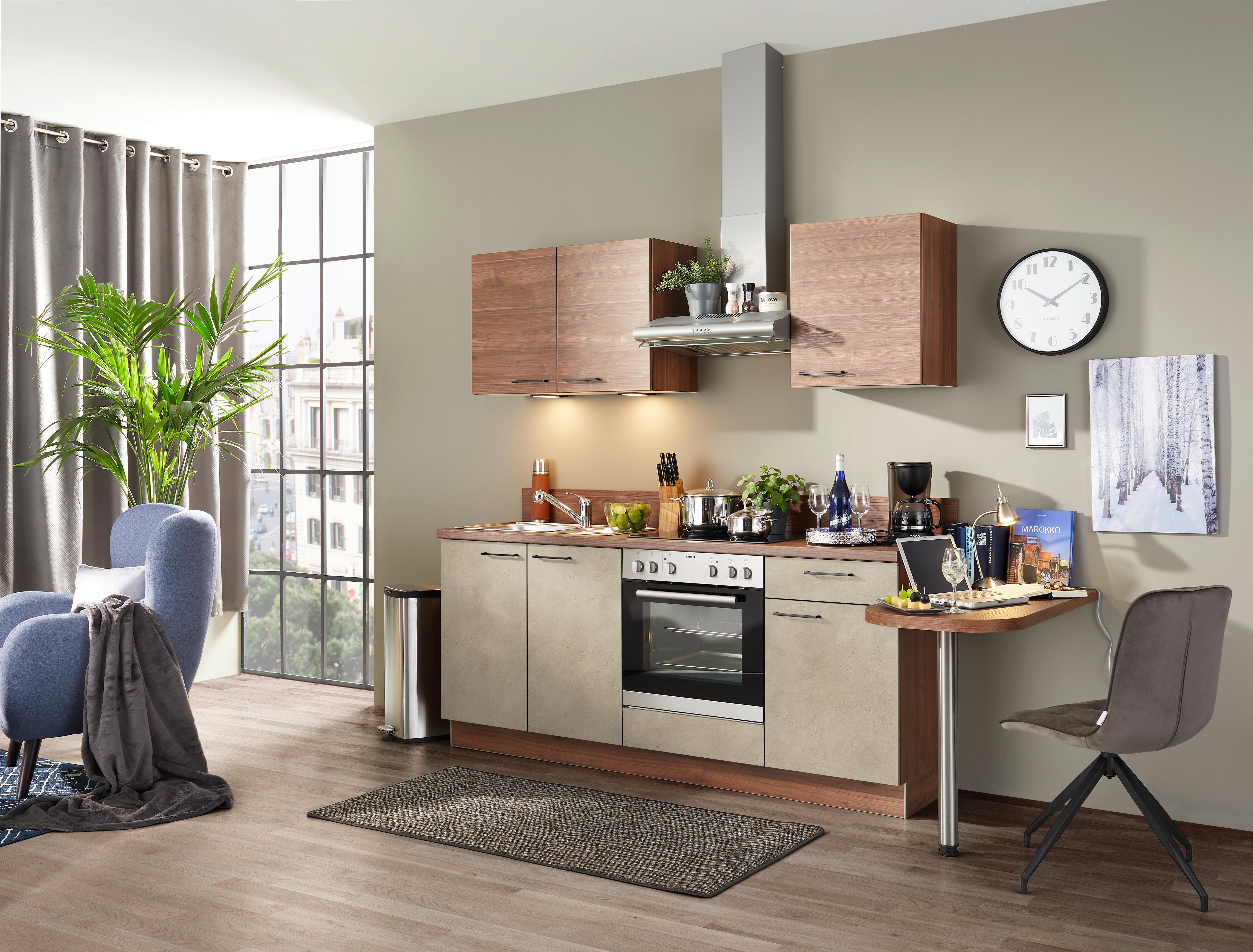 Küchenzeile Base inkl. Geräten 200 cm Zement-/Nussfarben - Nussbaumfarben, Design, Holzwerkstoff (200cm)