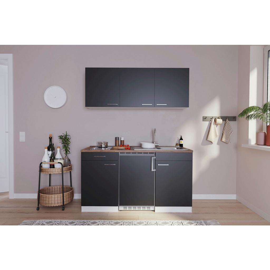 Miniküche Economy m. Geräten 150 cm Schwarz/ Nussbaum Dekor