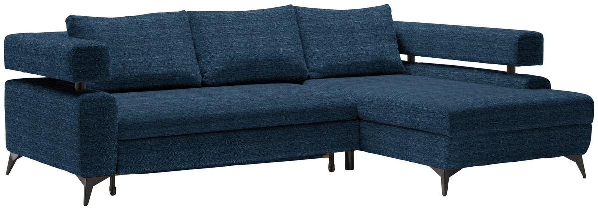 Rohová sedačka ROSALIE, pravá s úložným prostorem a lůžkem - černá/tmavě modrá, Konvenční, kov/textil (265/184cm)