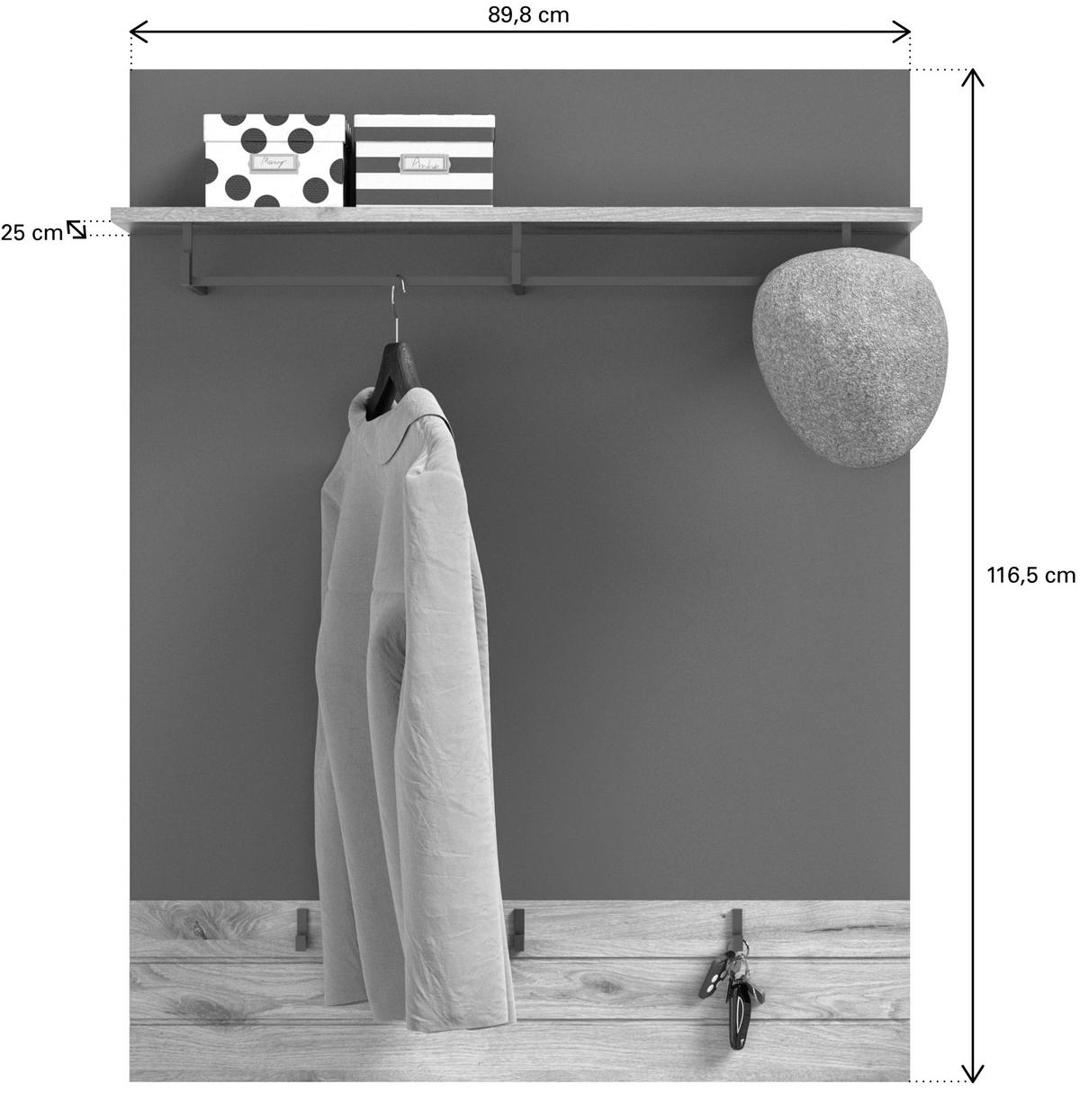 Garderobenpaneel Mason Eiche/ Grau Hutablage B: 90cm 3 Haken - Eichefarben/Grau, MODERN, Holzwerkstoff (90/117/25cm) - MID.YOU