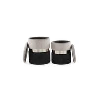Hocker Pouf-Set Samt Grau/Schwarz 2-teilig - Schwarz/Grau, Basics, Kunststoff/Textil - Kayoom