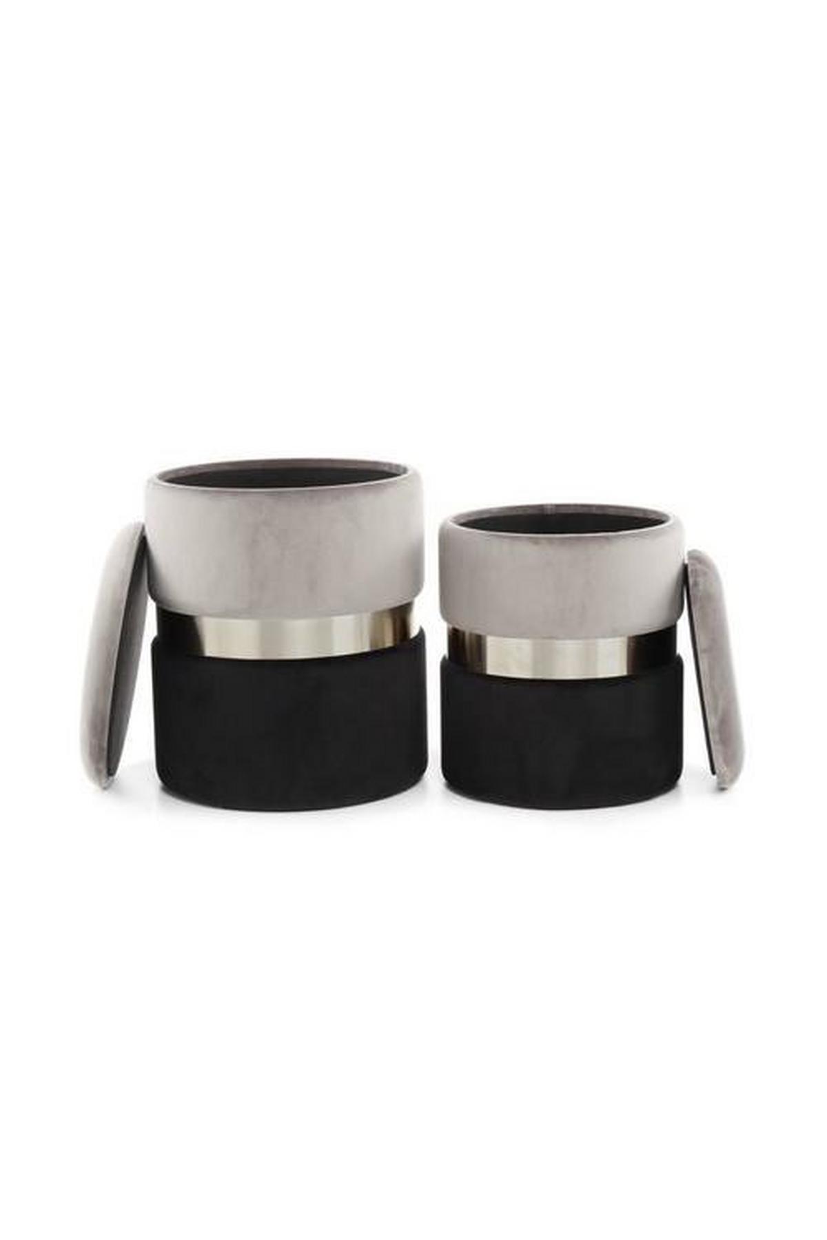 Hocker Pouf-Set Samt Grau/Schwarz 2-teilig - Schwarz/Grau, Basics, Kunststoff/Textil - Kayoom