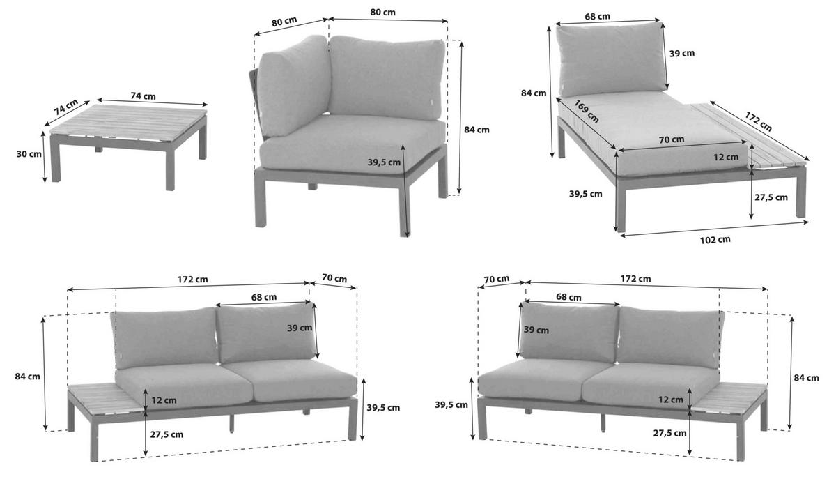 Loungegarnitur 5-Tlg Teakholz/Metall mit Kissen - Anthrazit/Grau, KONVENTIONELL, Holz/Textil (252/84/354cm) - Siena Garden