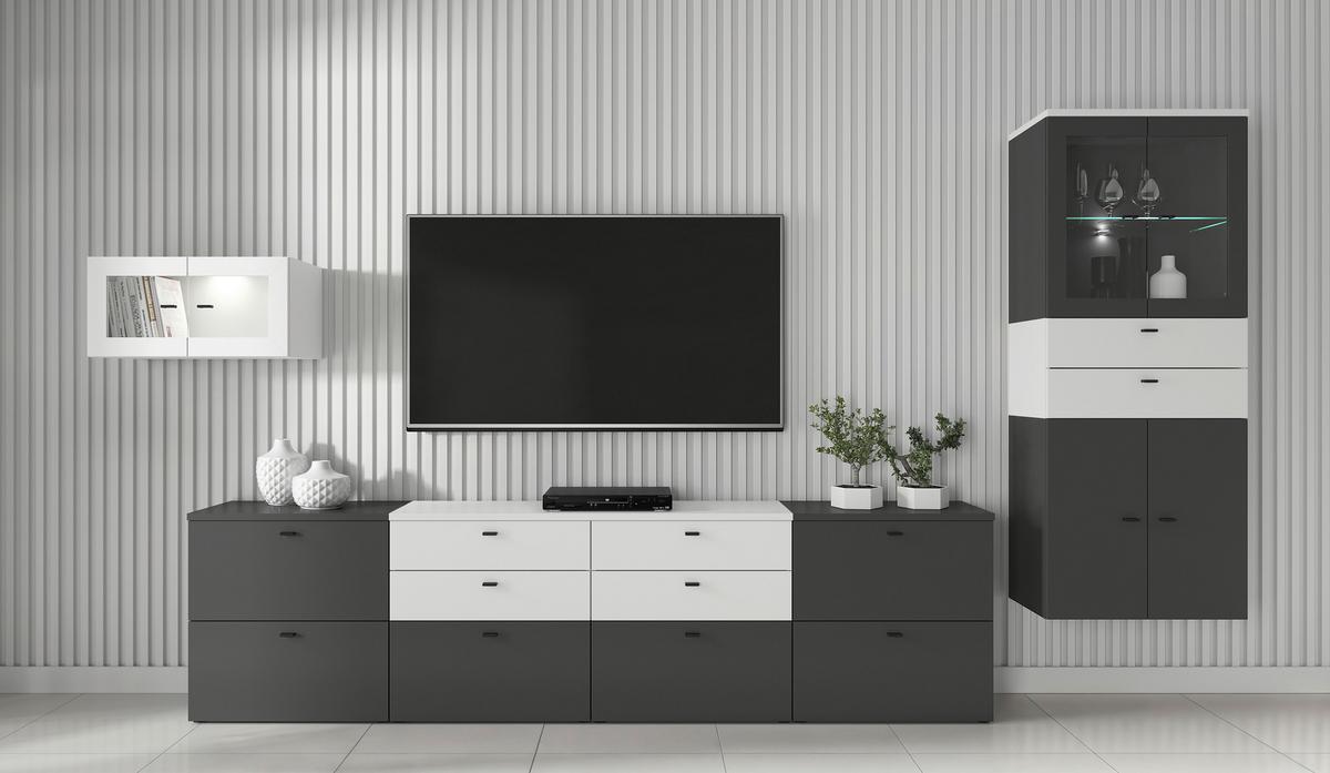 Wohnwand Sixty-four Weiß/anthrazit - Eichefarben/Anthrazit, Trend, Holzwerkstoff (320/160/35cm)