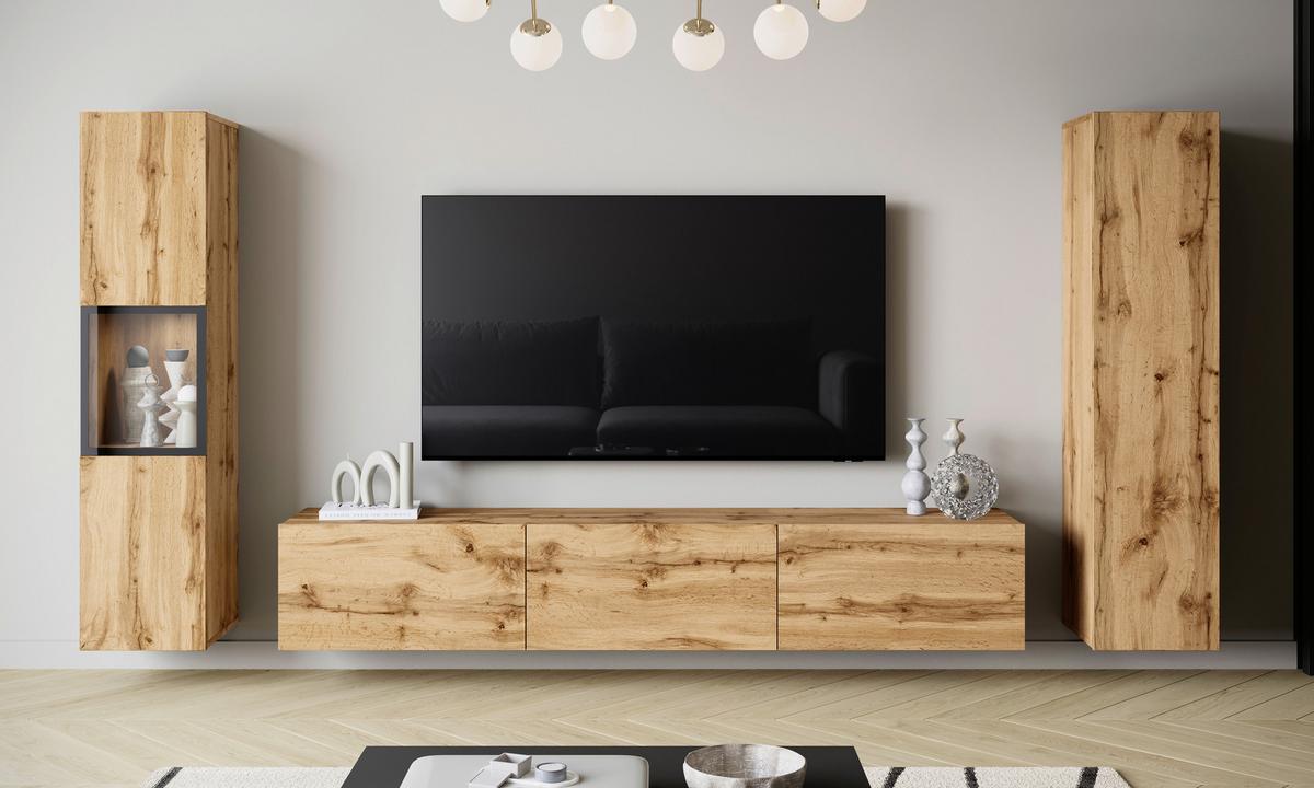 Wohnwand mit LED Berlin III Wotan Eiche Dekor - Eiche Wotan/Grau, Design, Glas/Holzwerkstoff (240/130/31cm) - P & B