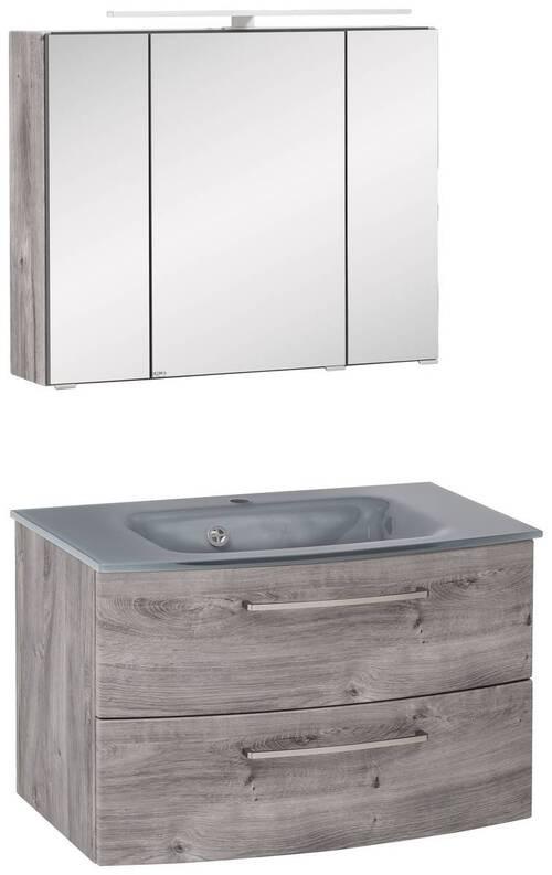 Badmöbel-Set 3-Tlg. inkl. LED Stockholm 80cm Grau - Eichefarben/Grau, KONVENTIONELL, Glas/Holzwerkstoff (80cm) - Held