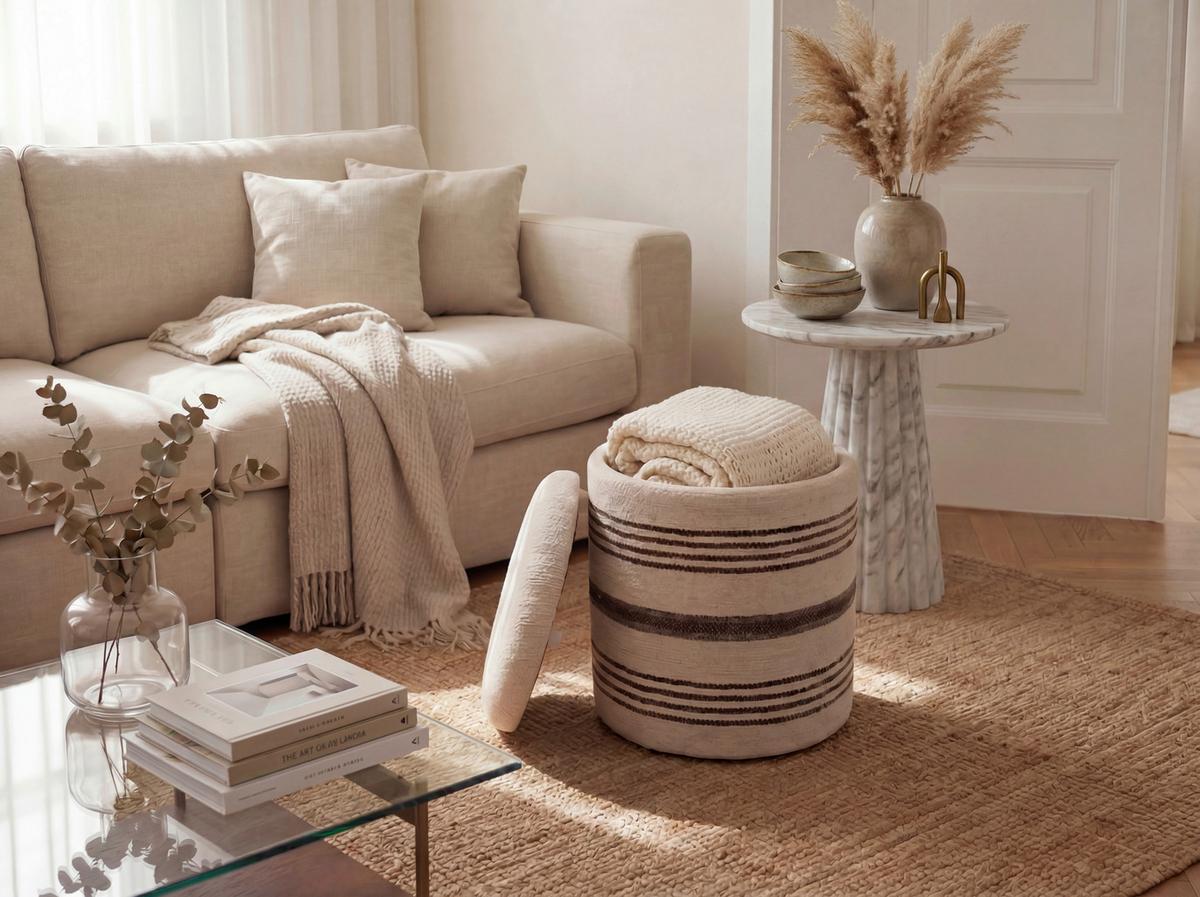 Taburet, š: 40 cm - béžová, Design, textil (40/45/40cm) - Livetastic