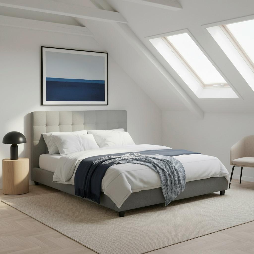 Čalouněná postel FREDERICO 180x200, světle šedá - černá/světle šedá, Moderní, kov/dřevo (180/200cm) - Bessagi Home