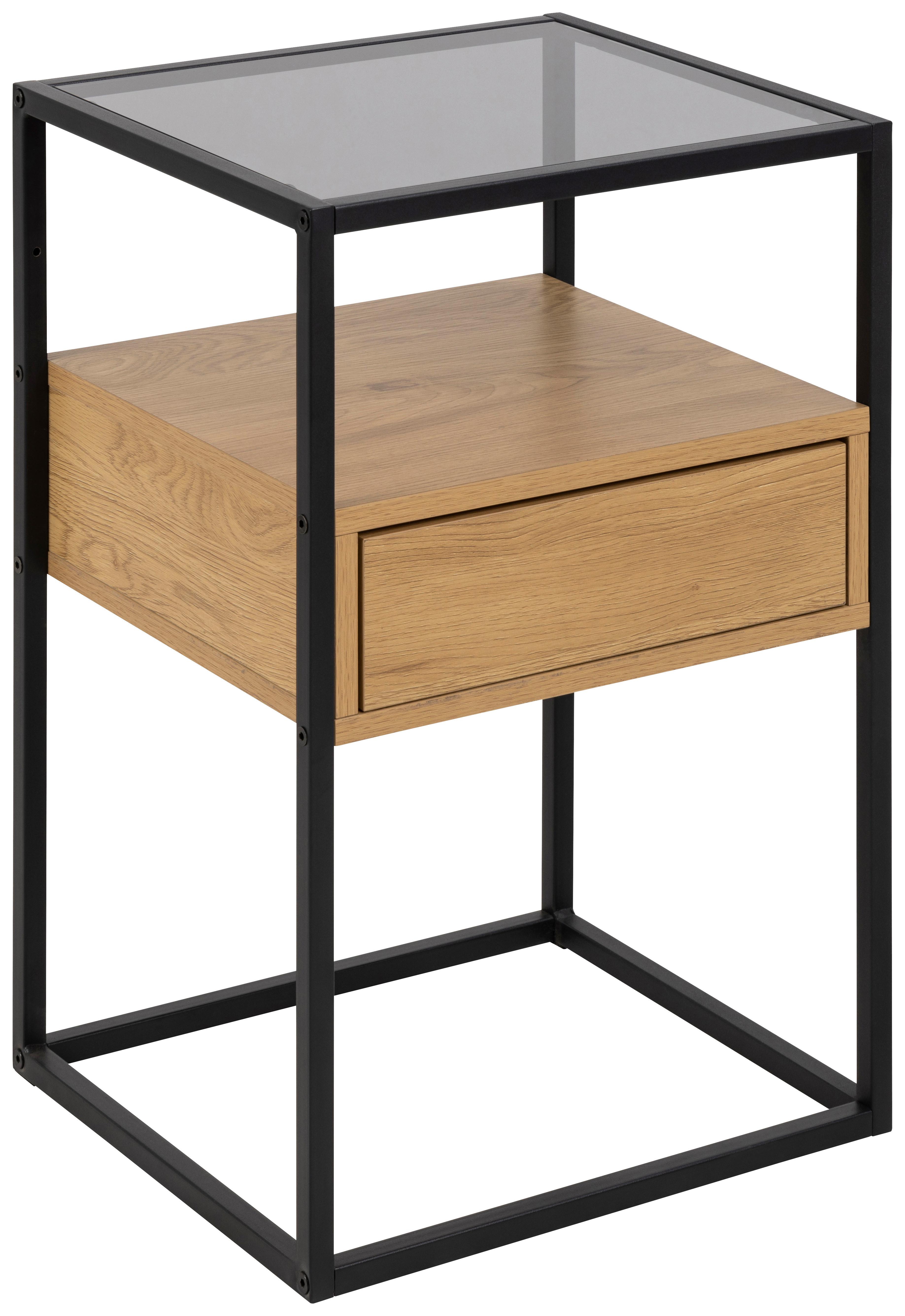 Nočný stolík RANDOLF - čierna/divoký dub, Modern, kov/kompozitné drevo (40/60/35cm) - MID.YOU