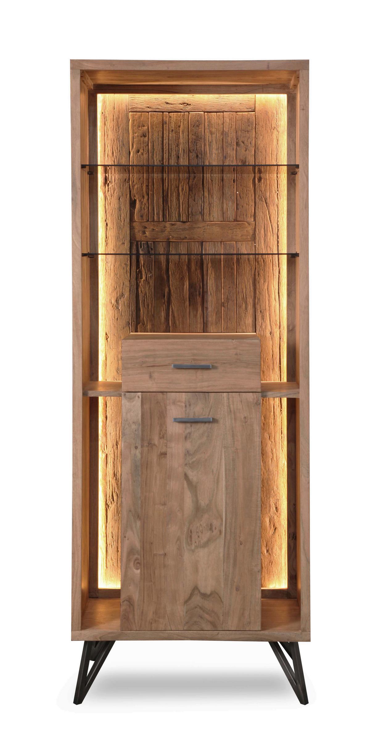 Vitrine Indira Akazie Massiv, B: 72 cm - Schwarz/Akaziefarben, ROMANTIK / LANDHAUS, Holz/Metall (72/195/40cm)