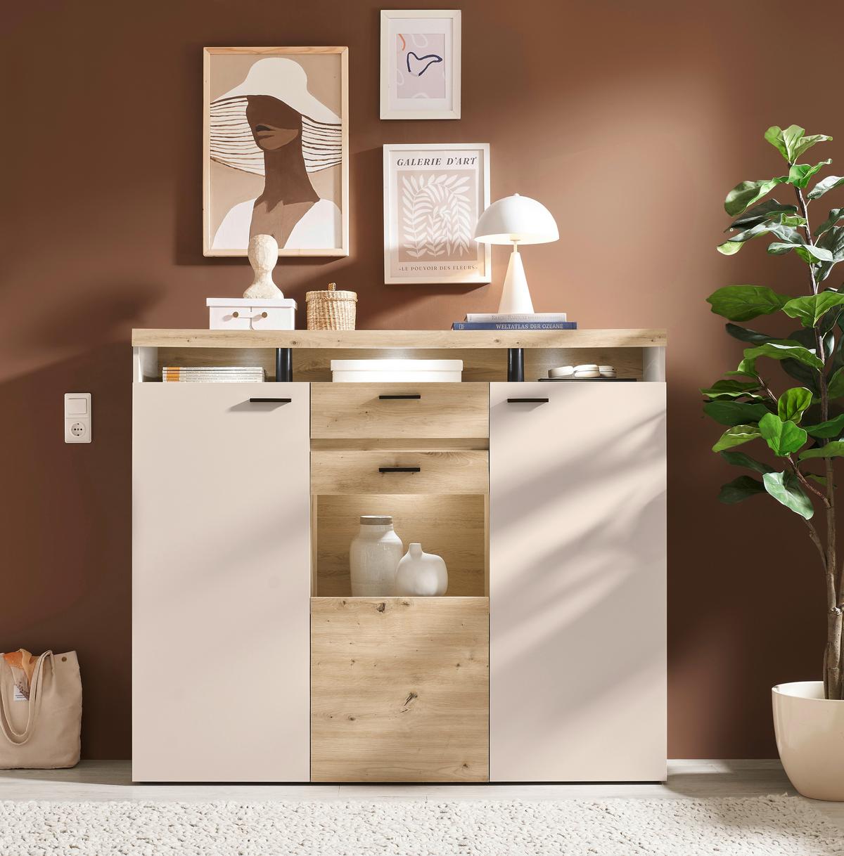 Highboard Strada Giga *ph* Eiche Artisan/Kashmir, B:151cm - Kaschmir/Schwarz, Trend, Glas/Holzwerkstoff (151/129/37cm)