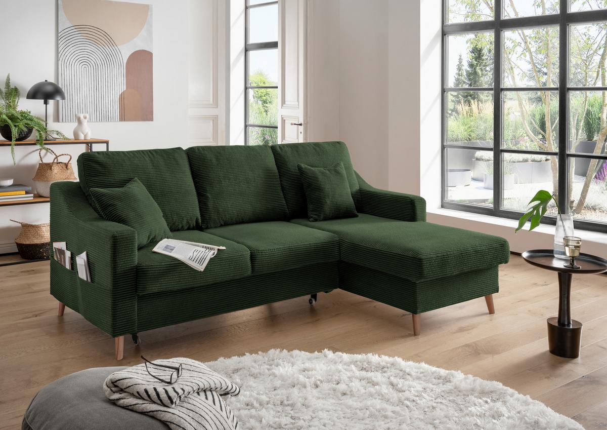 Ecksofa Valentina - Dunkelgrün/Naturfarben, Design, Textil (228/150cm) - P & B