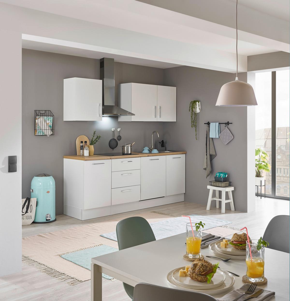 Kuchyňský blok TURIN bez spotřebičů, šířka 220 cm - bílá/barvy chromu, Trend, kov/kompozitní dřevo (220cm) - MID.YOU