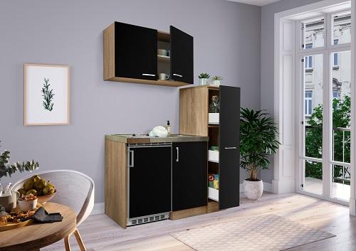 Miniküche mit Kühlschrank + Kochfeld 130 cm Schwarz/Eiche - Edelstahlfarben/Eichefarben, MODERN, Holzwerkstoff/Metall (130cm) - Respekta