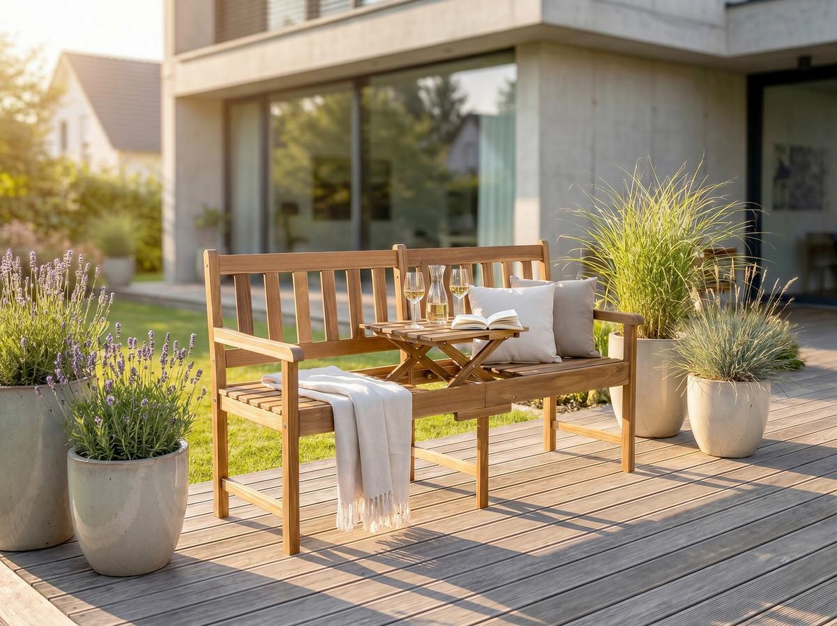 Holzbank mit Tisch LxBxH: ca. 153x57x88 cm - Akaziefarben, Basics, Holz (153/57/88cm) - Prestige Home