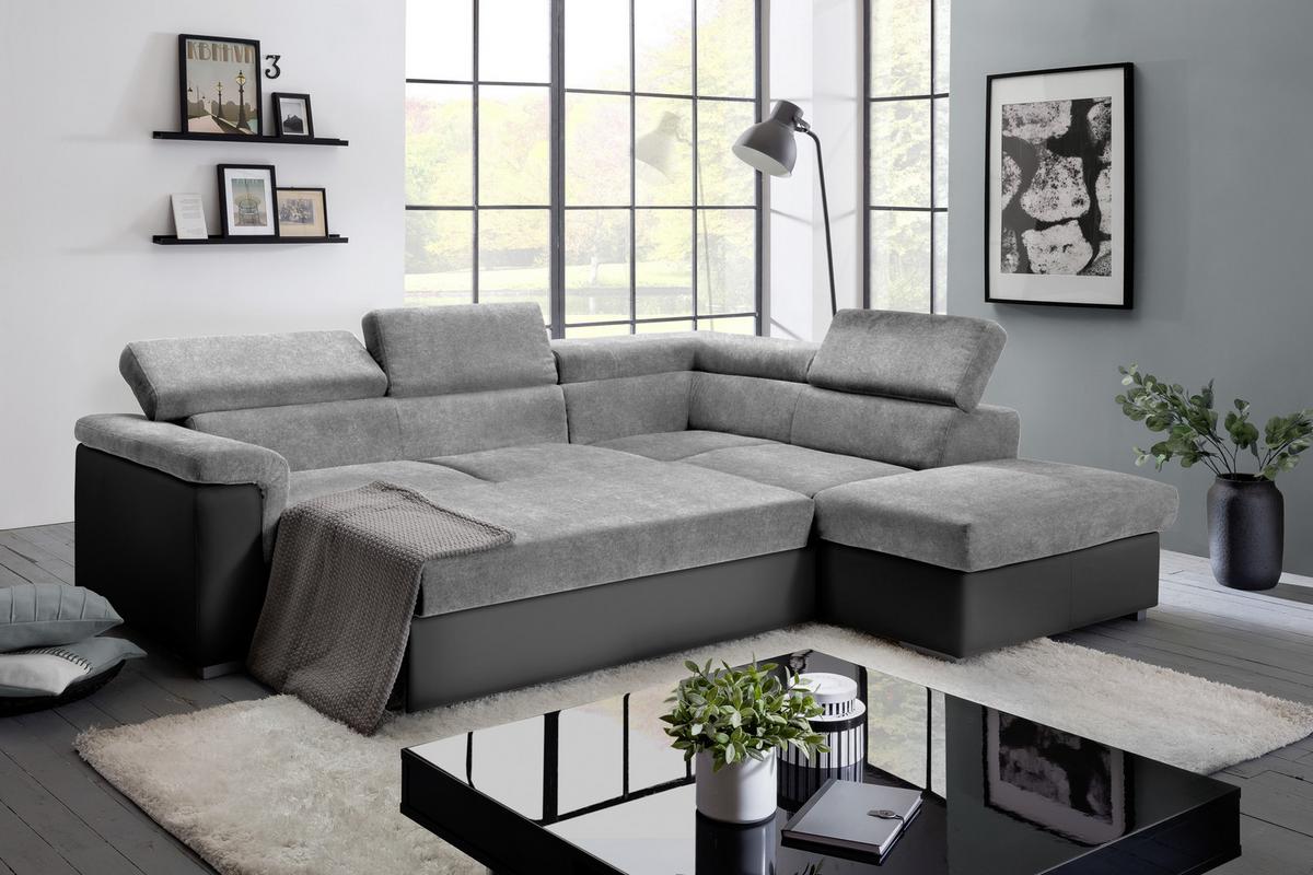 Ecksofa mit Schlaffunktion + Bettkasten Milla, Webstoff - Schwarz/Grau, Basics, Holz/Textil (252/217cm) - MID.YOU