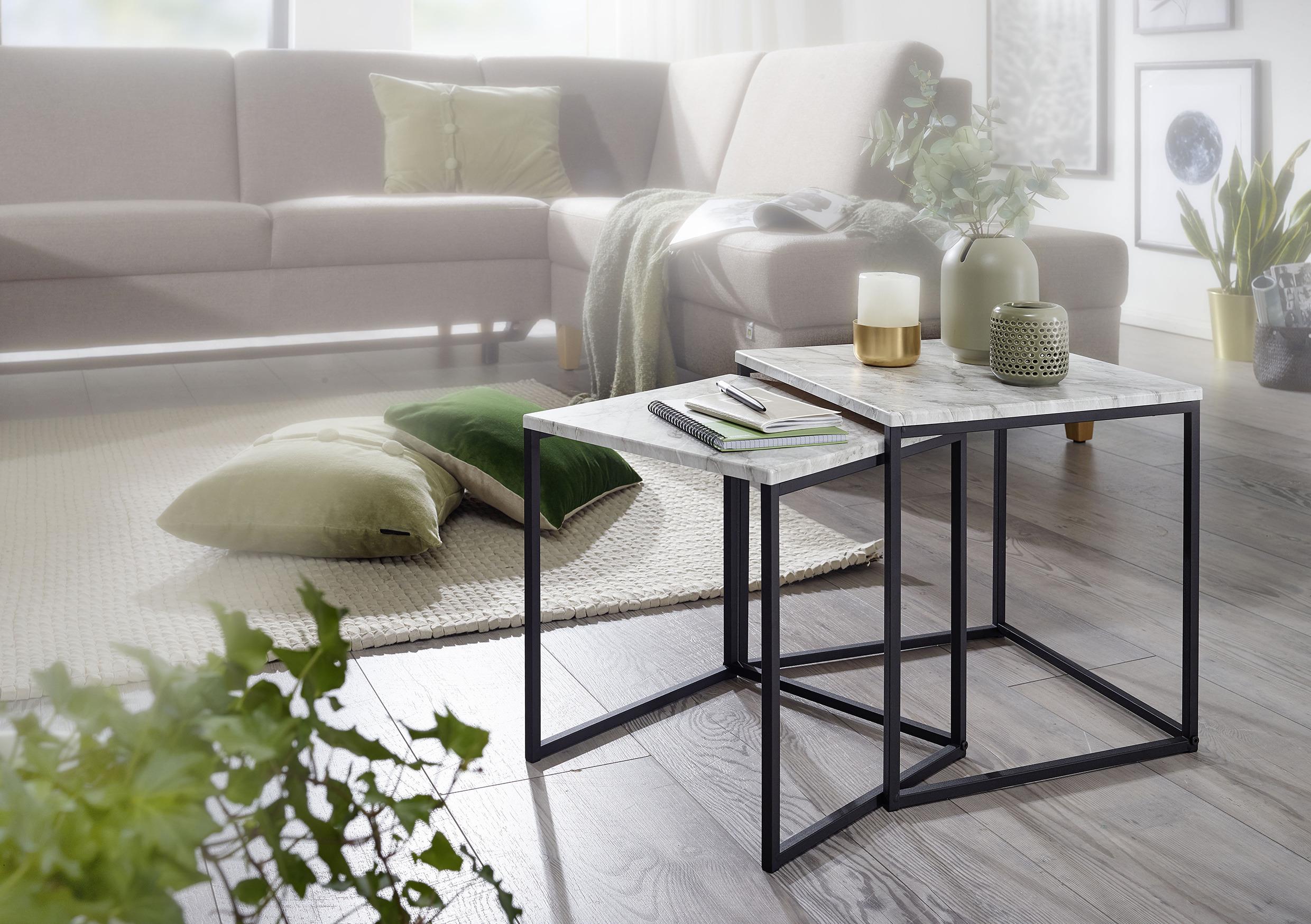 Couchtisch 2er-Set Marmoroptik Weiß/Schwarz - Schwarz/Weiß, Design, Holzwerkstoff/Metall (40/40/42,5cm) - MID.YOU