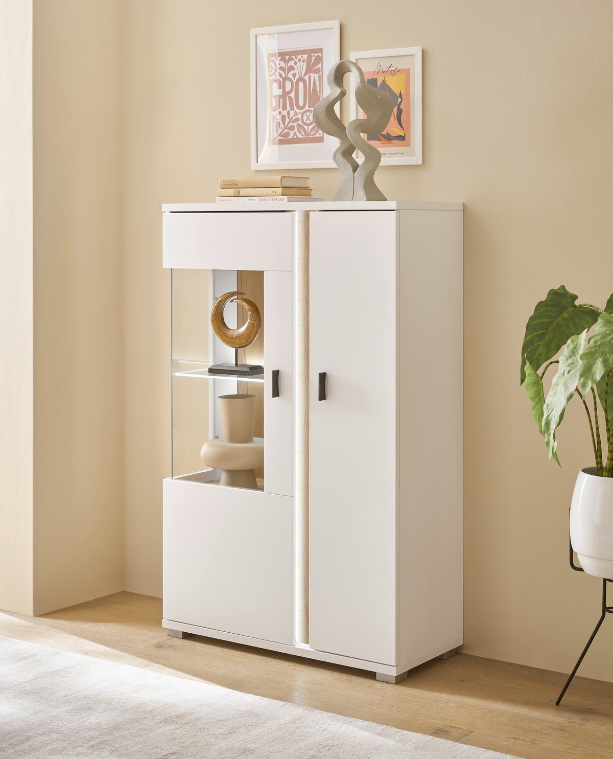 Vitrine Long Island Weiß/eiche Wotan B: 80 Cm - Silberfarben/Eiche Wotan, Design, Glas/Holzwerkstoff (80/125/35cm) - MID.YOU