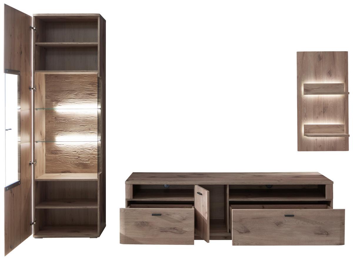 Wohnwand Prato Eiche Dekor B: 270 cm - Eichefarben, Design, Glas/Holzwerkstoff (270/199/50cm) - MID.YOU