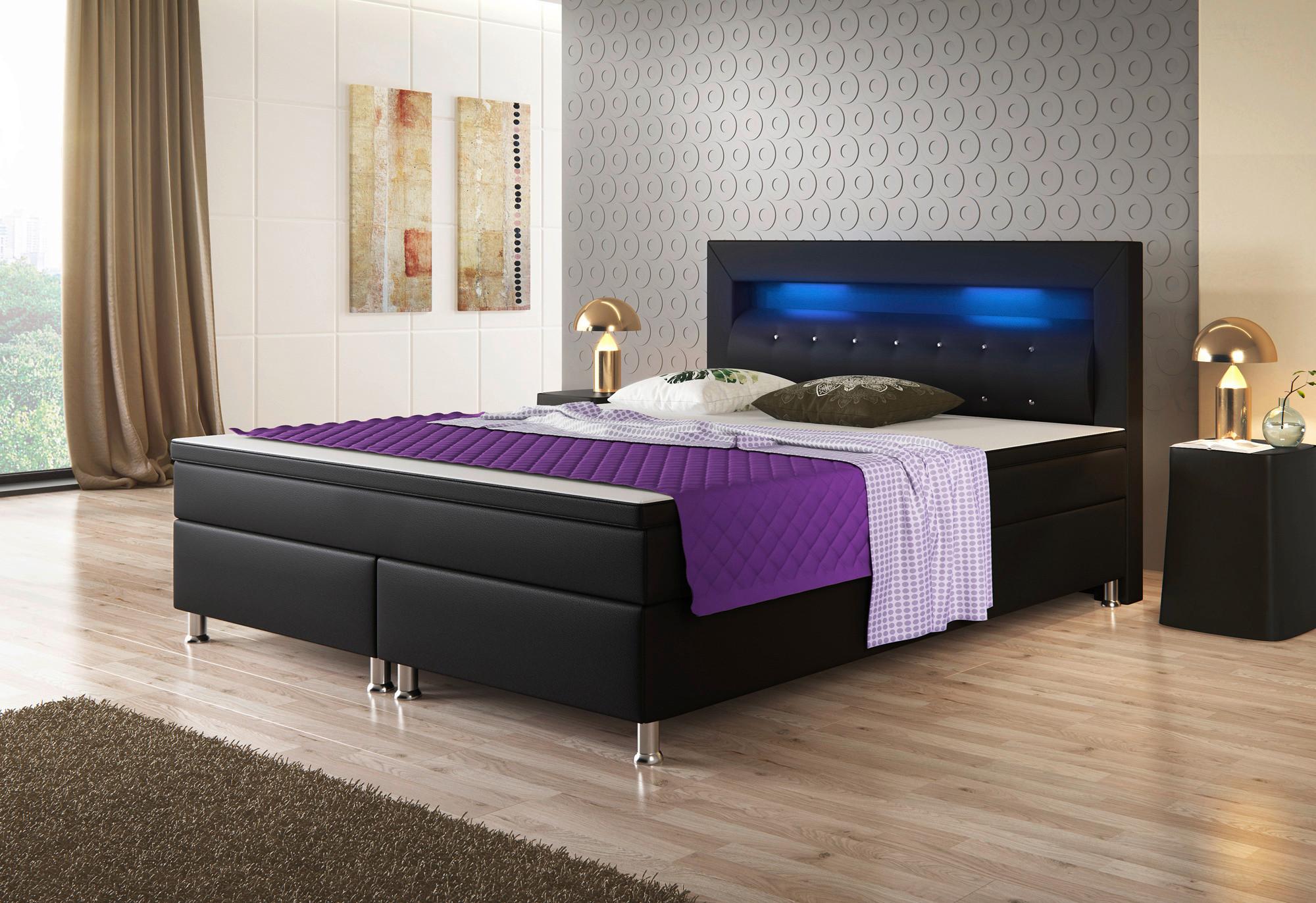Boxspringbett Mit Topper & Beleuchtung 180x200 Monaco-F - Silberfarben/Schwarz, KONVENTIONELL, Leder/Textil (180/115/210cm) - MID.YOU