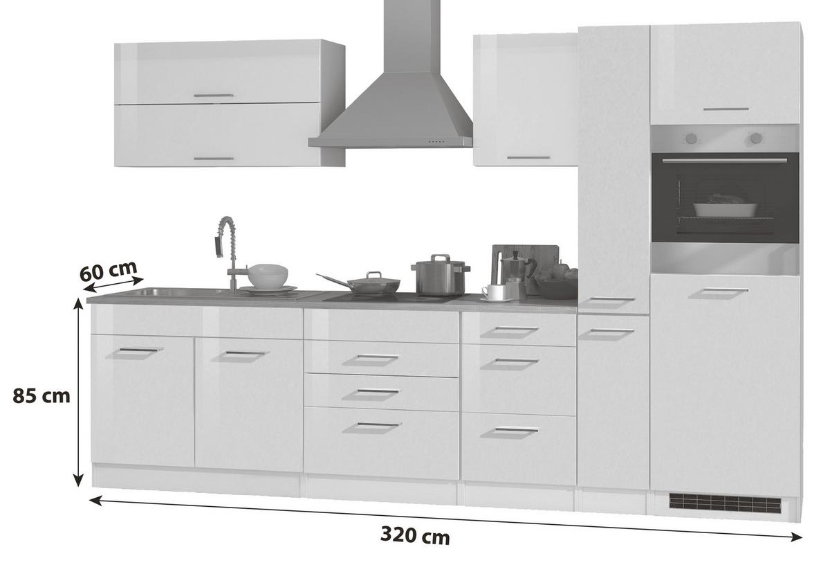 Küchenzeile Mailand mit Geräten 320 cm Weiß Hochglanz - Weiß Hochglanz/Eichefarben, MODERN, Holzwerkstoff (320cm) - Held