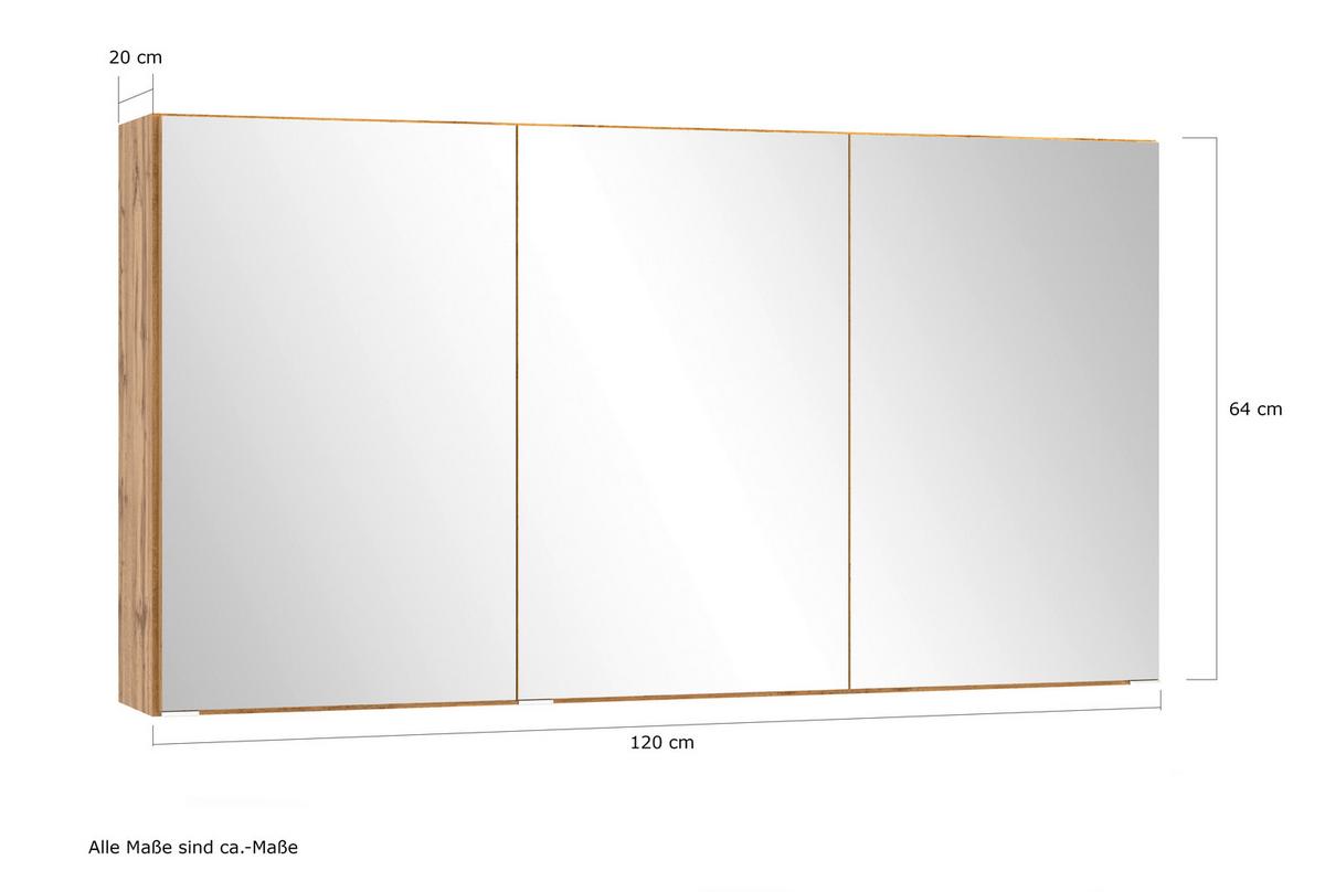 Spiegelschrank Arosa 3 Spiegeltüren 120x64 Cm - Eiche Wotan, MODERN, Glas/Holzwerkstoff (120/64/20cm) - Held
