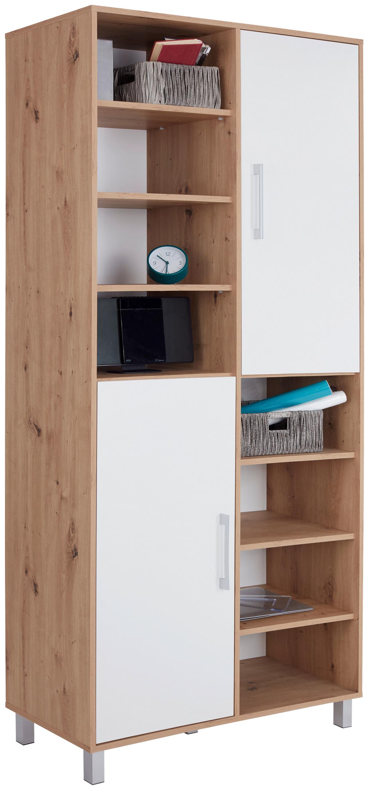 Regal Mit Schrankteilen Box B 98cm, Eiche Dekor/weiß - Eichefarben/Alufarben, MODERN, Holzwerkstoff (98/205/40cm) - Ondega