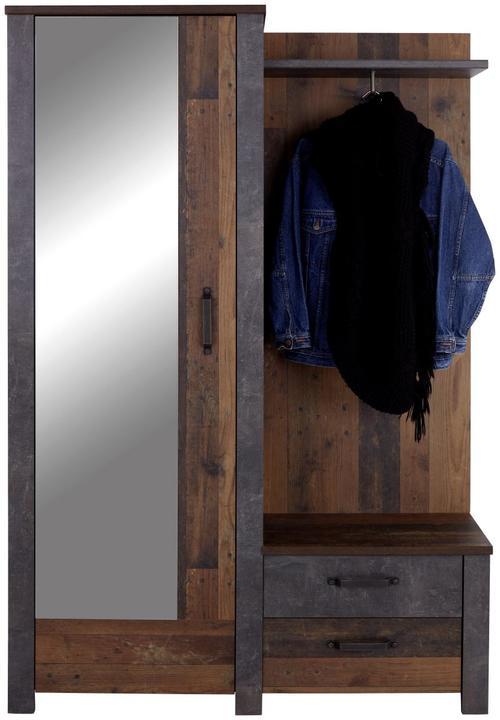 Garderobe Ontario Old Style/ Beton B: 128,6 cm mit Spiegel - Eichefarben/Grau, Trend, Glas/Holzwerkstoff (128,5/200/37cm) - Ondega