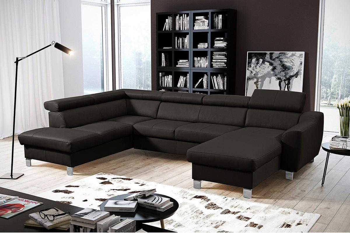 Wohnlandschaft Aspen Dbraun U-Form: 208 Cm - Chromfarben/Dunkelbraun, Design, Leder/Textil (208/315/175cm) - Livetastic