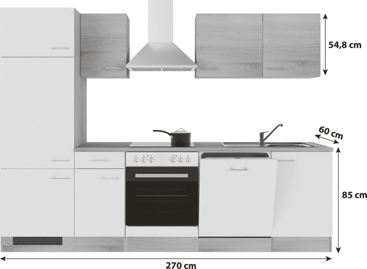 Küchenzeile Samoa mit Geräten 270 cm Weiß/Eiche Dekor - Weiß/Sonoma Eiche, KONVENTIONELL, Holzwerkstoff (270/200/60cm) - FlexWell