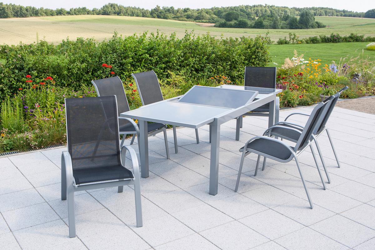 Gartenmöbel Set 7-Tlg. Amalfi aus Metall/Textil - Silberfarben/Schwarz, MODERN, Textil/Metall - Gardenson