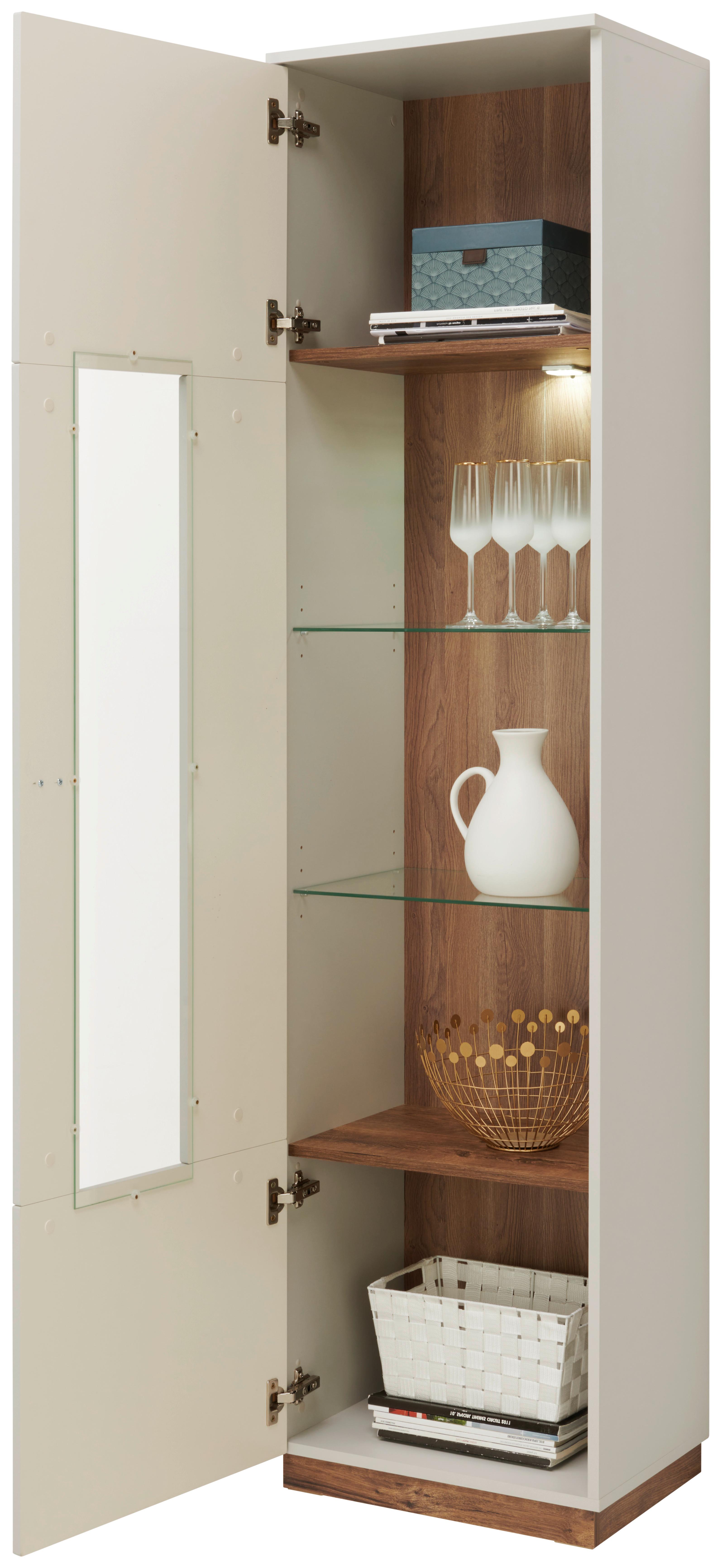 Vitrine in Hellgrau und Eichefarben