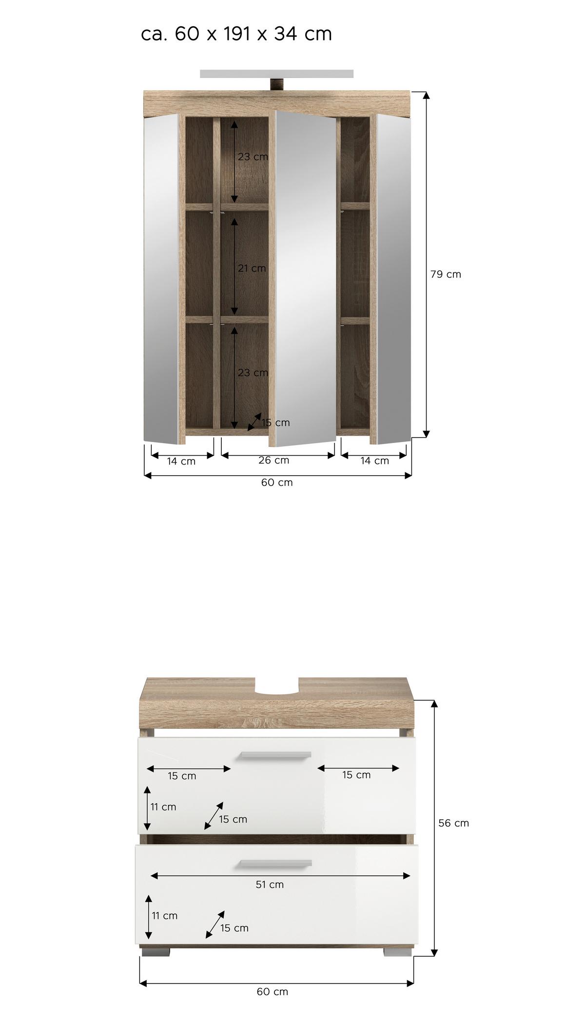 Badezimmer Lambada Eiche Dekor/weiß B: 60 Cm - Weiß Hochglanz/Silberfarben, MODERN, Glas/Holzwerkstoff (60cm) - MID.YOU