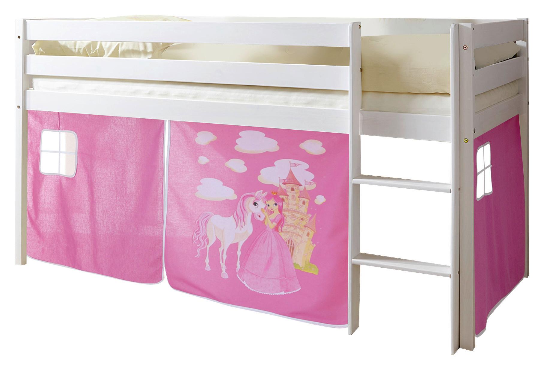 Kinderbett Malte 90x200cm Holz Massiv Weiß/Pink mit Vorhang