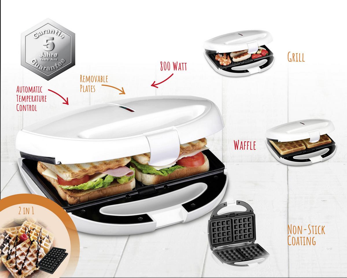 Toaster Tasty Snack Auch für  Waffeln und Zum Grillen - Weiß, KONVENTIONELL, Kunststoff (9,6/22/23,2cm) - Trisa Electronics