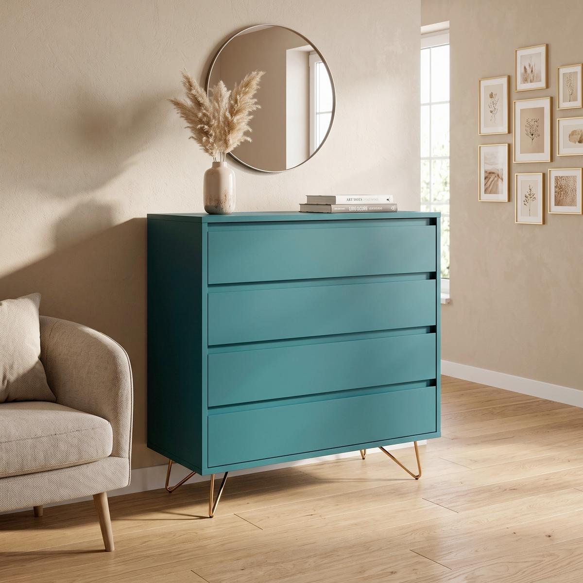 KOMMODE Blau B: 90cm - Blau/Messingfarben, Design, Holzwerkstoff (90/90/40cm) - Livetastic