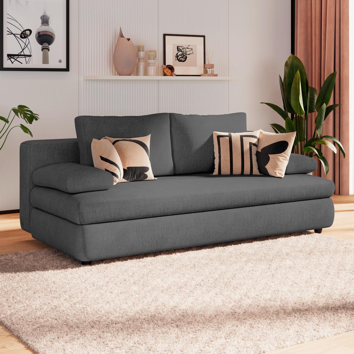 3-sitzer-sofa Mit Schlaffunktion Olso Dunkelgrau - Dunkelgrau/Schwarz, Trend, Holz/Kunststoff (205/72/100cm)